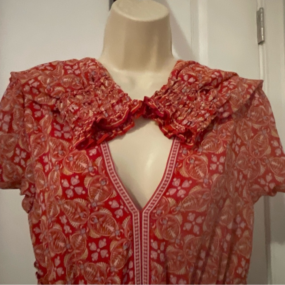Max Studio London Women's L  Red Boho Paisley Smocked Ruffle dresses - Picture 6 of 15